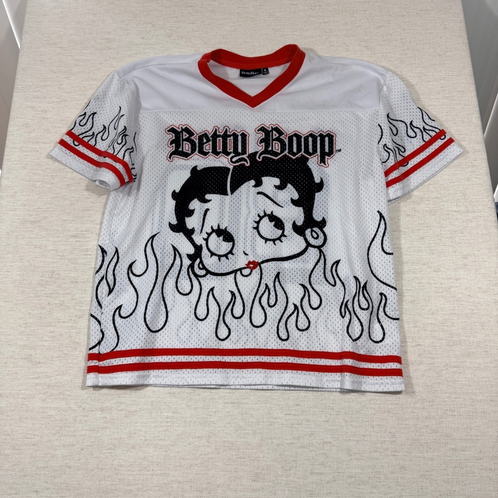 Betty Boop Jersey Shirt Womens Medium White Excellent Mesh Flame Graphic BO 30
